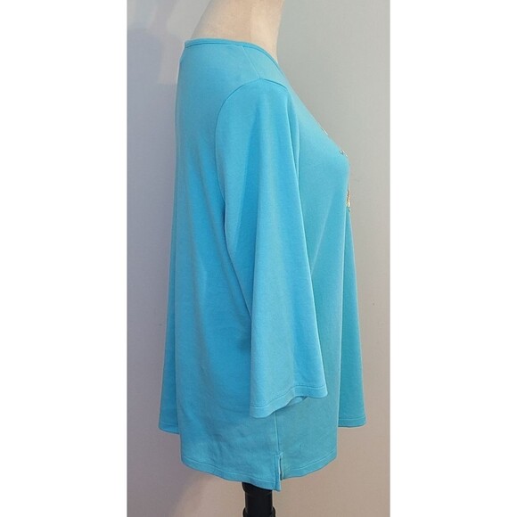 Quacker Factory Size L Blue Tic Tac Toe Sequin Daisy Embellished 3/4 Sleeve Top - Picture 4 of 12